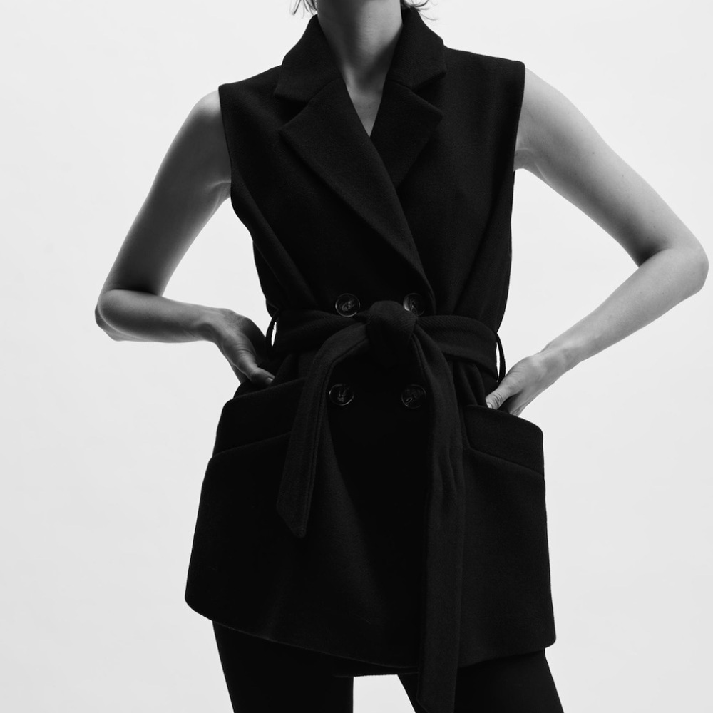Zara Small Belted Double Breasted Vest Blazer - Black